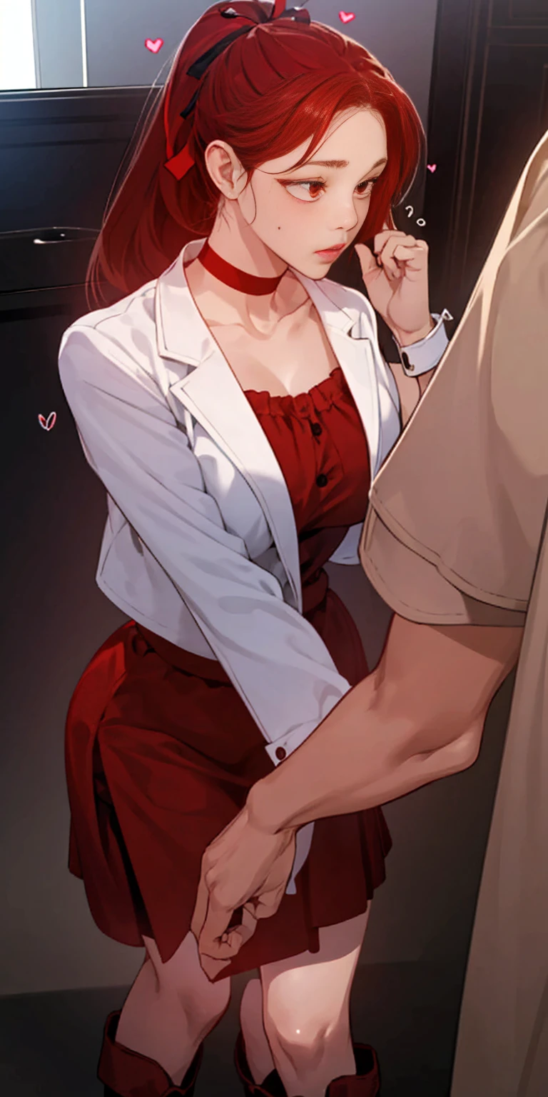 (masterpiece:1.2) best quality, high resolution, unity 8k wallpaper (illustration:0.8) (beautiful detailed face:1.2, beautiful detailed eyes:1.2) perfect lighting, extremely detailed CG (perfect hands, perfect anatomy) cute, beautiful, charming lady, shiny hair, lustrous skin, beautiful light big eyes, milf, married woman, soft With a gentle appearance and a gentle mother-like atmosphere, feminine style, beautiful kubire, beautiful, naughty face, red long hair, high ponytail, hair ribbon ((red eyes)) large breasts, leather choker, heart brooch, dress, red skirt, white jacket, wrist cuffs, kee boots