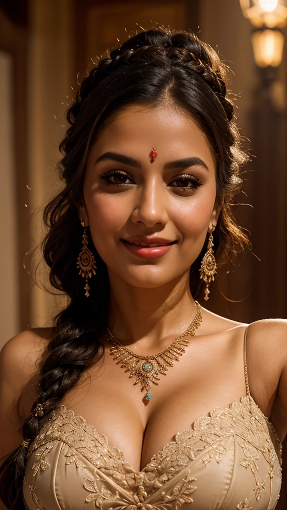 selfie, extreme close up photo of Latina indian, hourglass figure, swooping big breasts, sexy armpits, seducing on mountains, French braid hair, necklace, sultry, look at viewer and subtle smile, lace strapless night dress, (cinematic:1.3), intricate details, (ArtStation:1.2)