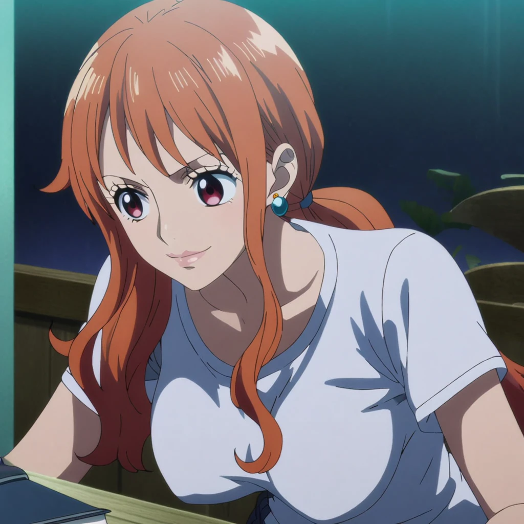 1girl, female nami, anime screencap from one piece, nami female version, solo, long_hair, Red eyes ((Red_hair) ((low ponytail)), night view, (hanging breasts) upper_body, smile, indoors, book, red_eyes, lips, (low ponytail) ((wearing shirt)) breast, "very detailed and high resolution" (Red eyes) ((long hair)) ((solo)) (front view) (earings) ((high resolution)) ((good quality)) ((low ponytail)) ((full body))