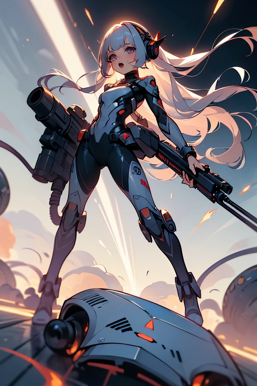 A woman in a futuristic suit holding a gun and standing on a platform ...