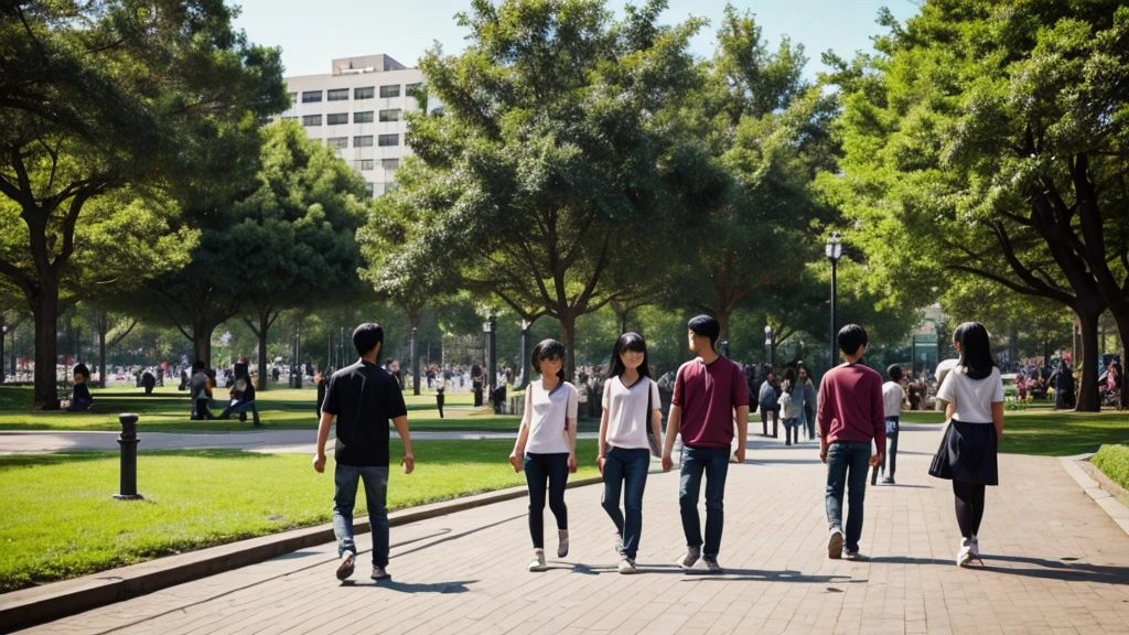 Animated graphics,Young Asian people in a park in a city in Greater Bay Area,