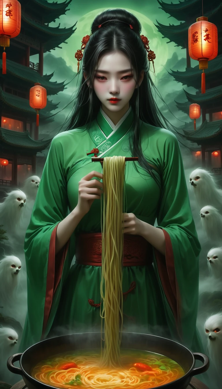 Unforgettable Chinese Ghost Stories, Weird Chinese architecture, Qixi Festival, Green Ghost Soup, Munpo Bridge, Noodle Soup, Escort Ghost, Chain, Dark gloomy lights, Movie, fear, atmosphere, Surreal, mystery, detailed