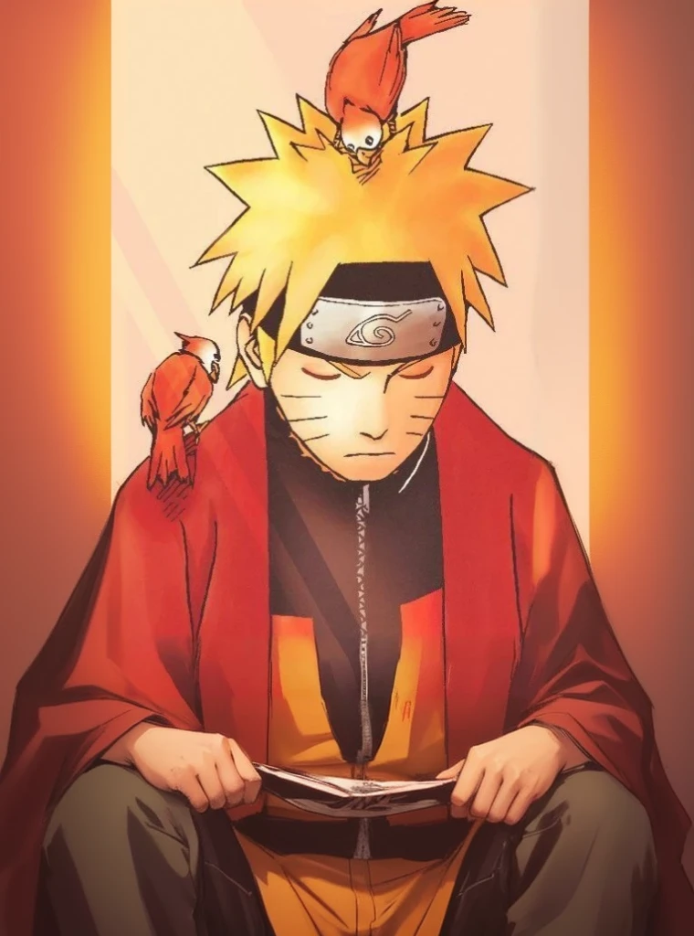 a closeup of a person with a bird on his head, naruto art style, Naruto Uzumaki, Naruto Uzumaki sage mode costume is a funny charismatic character he wears an original costume and a red cape he is meditating Nine tails, Ryuu, cheered up style”, itachi uchiha, cheered up!!!!, arte the fan, cheered up!!! Naruto Uzumaki Atonement clothes and background