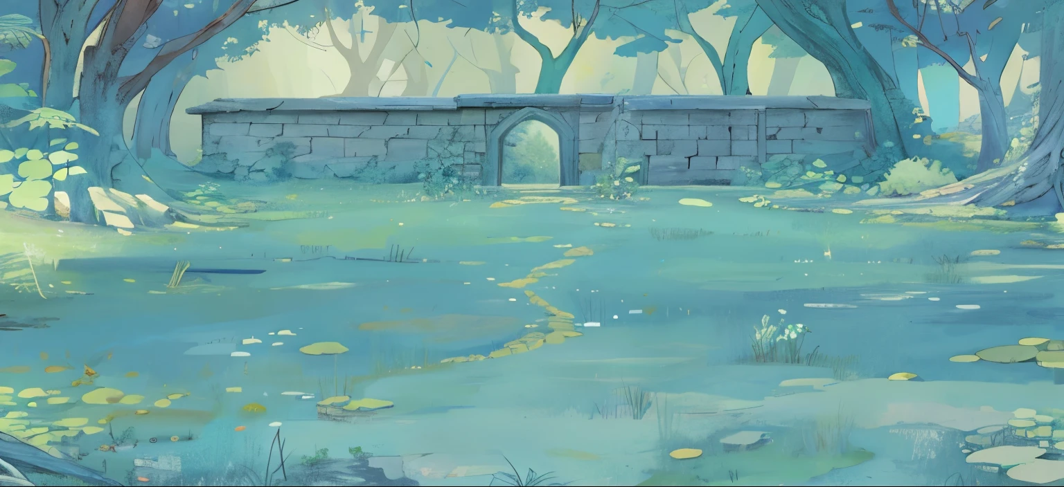 Horizontal scene ancient tree forest,Dilapidated walls,Clean ground