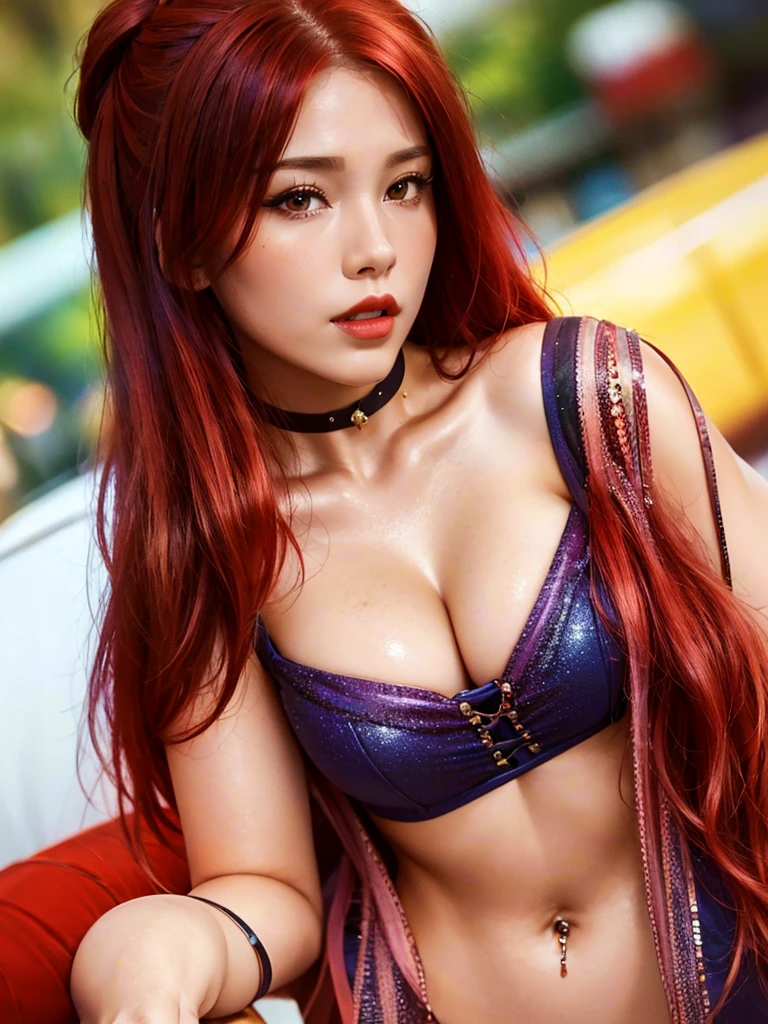 1girl, alone, solitary, high quality, (best quality,4k,8k,highres,masterpiece:1.2),ultra-detailed,(realistic,photorealistic,photo-realistic:1.37),gorgeous hair,bright red hair,long hair with bangs,sharp eyes,mole under the eye,plump lips,jewelry,(high detailed skin:1.4),(rim lighting:1.3),(lit:1.3),(sunny day:1.3),portrait,beautiful lips,waist-length hair,seductive gaze,moles,casual clothes,colorful clothing,close up,super long hair,choker necklace,bangs,fringe,dimples on the cheeks,dimples,red hair,rubyredhair,ruby red hair,black,red lips,red lipstick,round lips,round pouty lips,pouty lips,douyin makeup,sparkly makeup,blue,green,pink,purple,wine red,piercings,gems,lipstick,lip gloss,navel piercing, girl,innocent,red hair,dyed hair,cherry red hair,cherry red,cherry hair,redhead,youthful,modest,covered cleavage,delicate,pretty girl,close up,closeup,20 years old,modest,pretty blouse,neon red hair,bright red hair,redhair