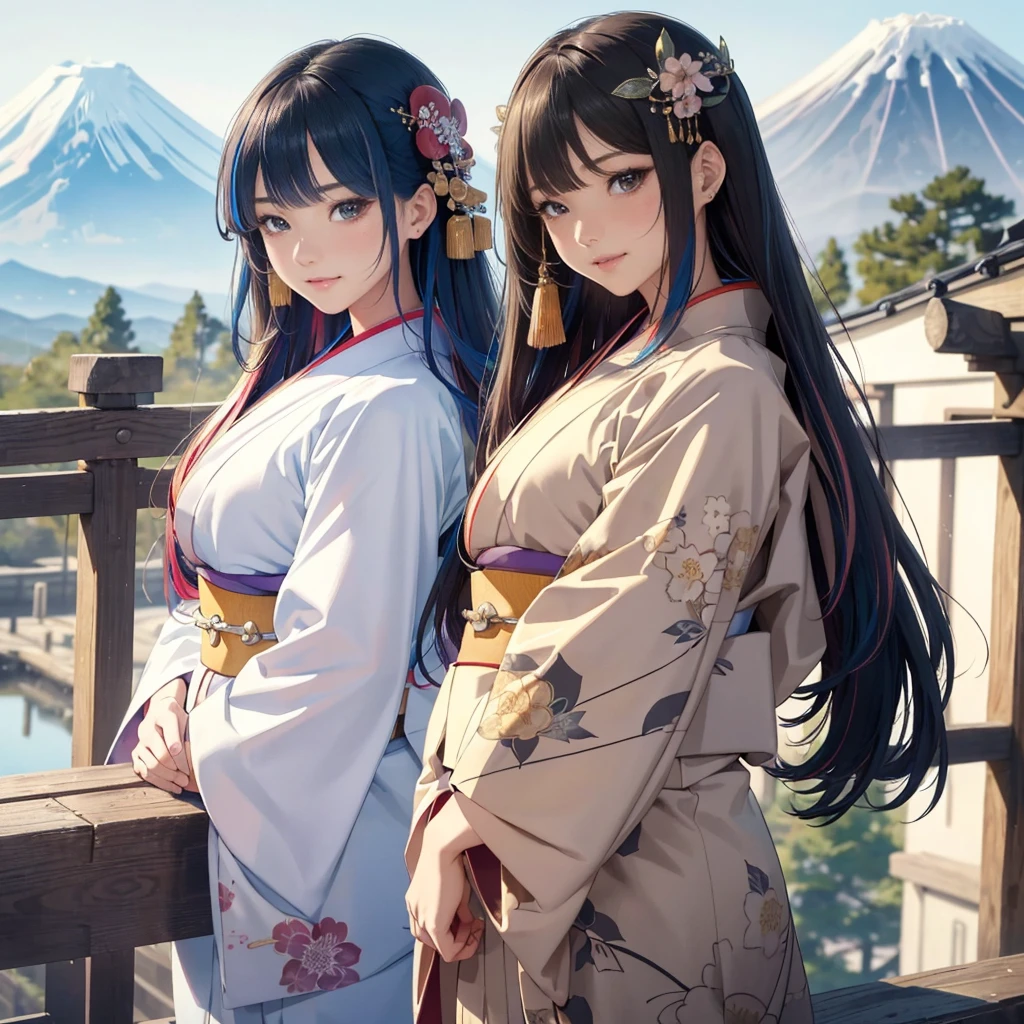 masterpiece、Highest quality、High resolution、High-quality images、8K、Skin Radiance、Texture of skin and clothing、Expression of fine eyes、Shiny Hair,Long Hair Girl, Manga inspired by Lee Jong-suk, Trending on deviantart, realism, detailed manga style, Manga art style, Perfect Line Drawing, Beautiful line art, digital manga art girl, K-POPアイドル, dress, Beautiful brown eyes, Fuller lips, Gorgeous face with attention to detail, (Cute Smile), attractive, Innocent, (Perfectly detailed face), (Detailed and carefully drawn hand) Photorealistic images, Written boundary depth, Japanese style princess cut hairstyle, best quality, masterpiece, New Year, (Kimono with strikingly beautiful colors:1.7),
Three Japanese high-school cute girls, looking straight, gently smiling,
white short scarf, white feather shawl, (separately side by side:1.4),
(The image shows only the upper body:1.7),
shrine background, (mount Fuji:1.3),winter(season),(outdoors:1.5)