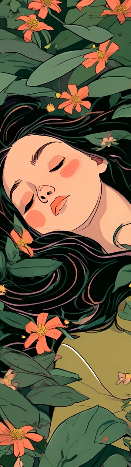illustration of a woman laying in a field of flowers, a digital painting inspired by Asaf Hanuka, trending on cg society, serial art, dreamy illustration, laurie greasley and james jean, phil noto and james jean, jen bartel, lofi portrait, in style of digital illustration, published art, girl in a bed of flowers, cliff chiang