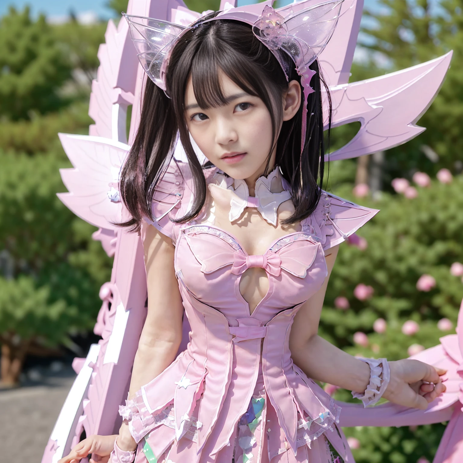 Highest quality, masterpiece, Very detailed, 8K, a 15 years old beautiful Japanese woman:1.5, Small face, blunt bangs, Black hair ponytail, ((Woman crucified on the cross:1.5, Breast Augmentation Surgery)), (Detailed pink magical girl heroine costume:1.5), remote_play, remote_Vibrate、 (climax:1.5)