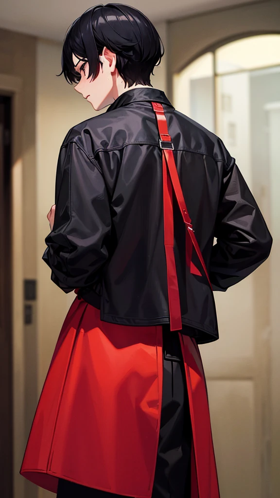 A man with a medium-parted, black hair, wearing a red hairstyle, stands with his back looking cool.