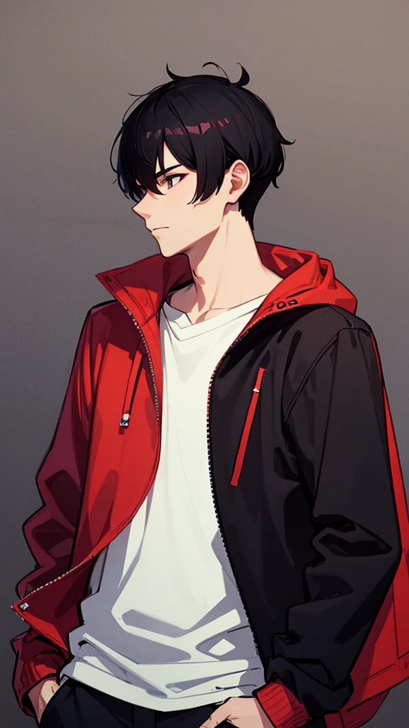 A man with a medium-parted, black hair, wearing a red hairstyle, stands with his back looking cool.