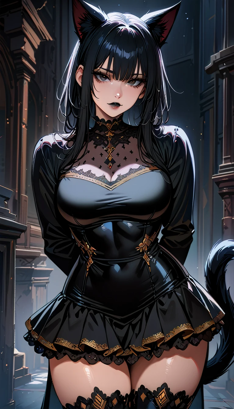 (high quality, 8k, 4K, high contrast, artwork:1.2, high quality, best aesthetics), ((1 woman)), erotic, sensual, mature body, super detailed, beautiful face detailed, beautiful eyes detailed, detailed beautiful mouth, perfect breasts, wide thighs, sexy body, (long straight black hair), (black eyes), (black lipstick), (black eyeliner), (black eyeshadow), (calm expression), (penetrating gaze), (black cat ears), (black cat tail), (short black dress with short ruffled skirt and long sleeves), (centered), (looking at viewer), (standing), (hands hidden behind the back)