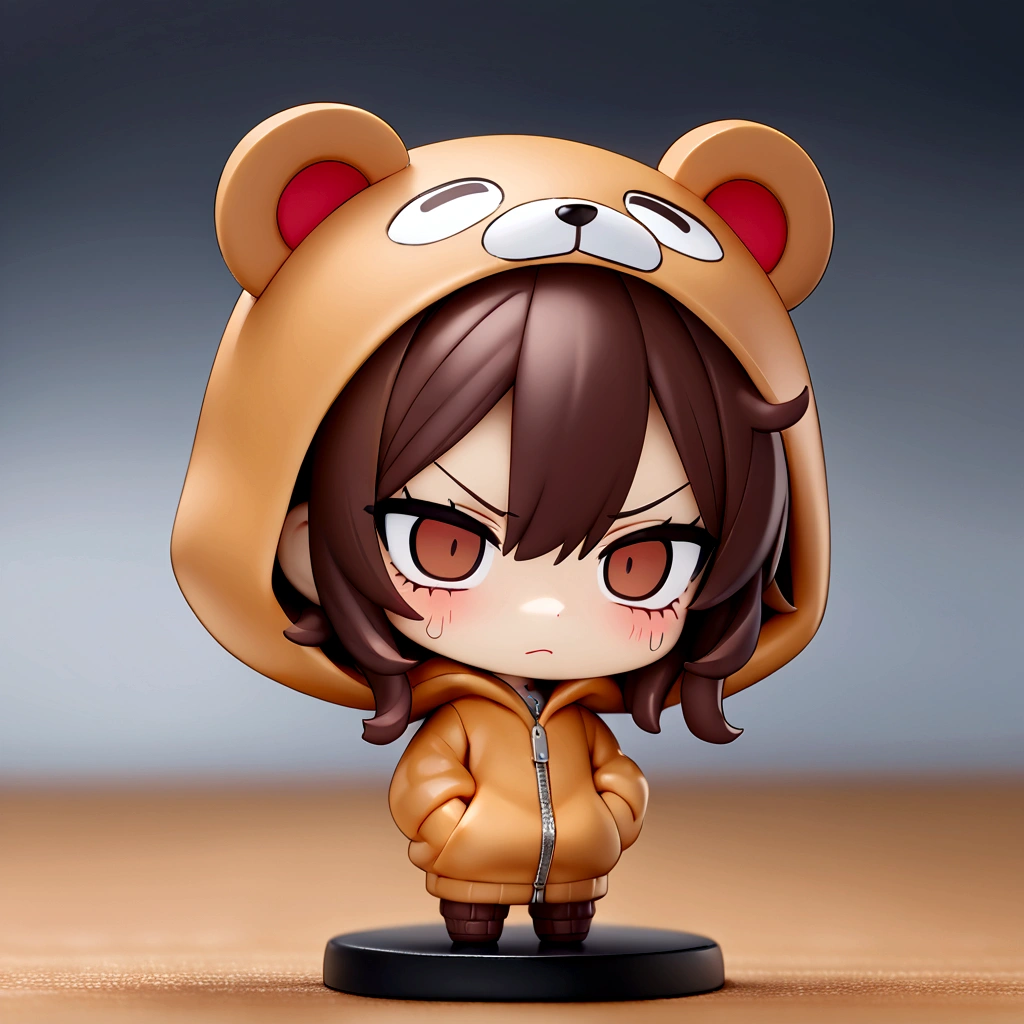 Brown Hair、Wearing a bear hood、Wearing a bear ear hoodie、Chibi Character、Nendoroid、Brown Hairロングヘアー、(masterpiece, best quality:1.2), An illustration、Troubled face