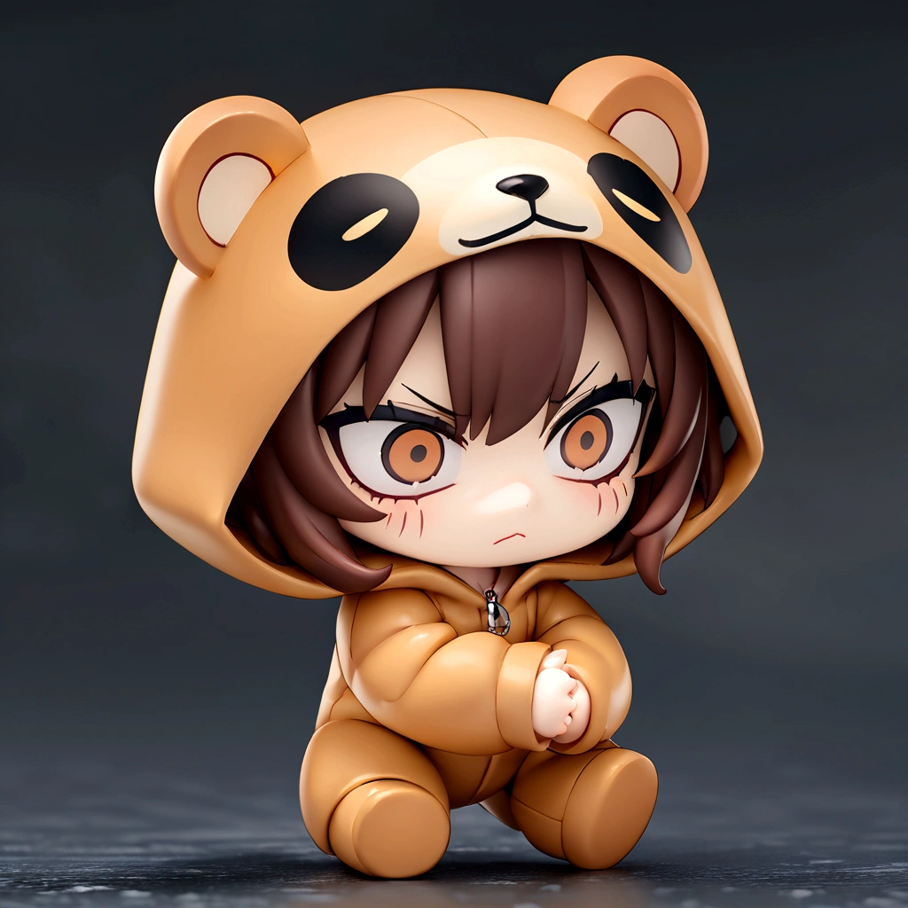 Brown Hair、Wearing a bear hood、Wearing a bear ear hoodie、Chibi Character、Nendoroid、Brown Hairロングヘアー、(masterpiece, best quality:1.2), An illustration、Troubled face