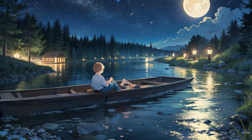 small river in night with moon and alot of stars, ??? sleeping