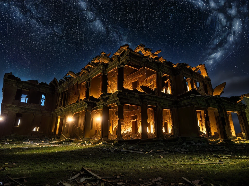 (((Masterpiece))), (high quality),(Abandoned Western-style mansion,One-storey,Darkness is spreading:1.5),(Late Night,Starry Sky:1.5),(There is no one here:1.5),(Long Shot,Photograph the entire ruins of the Western-style building:1.5)