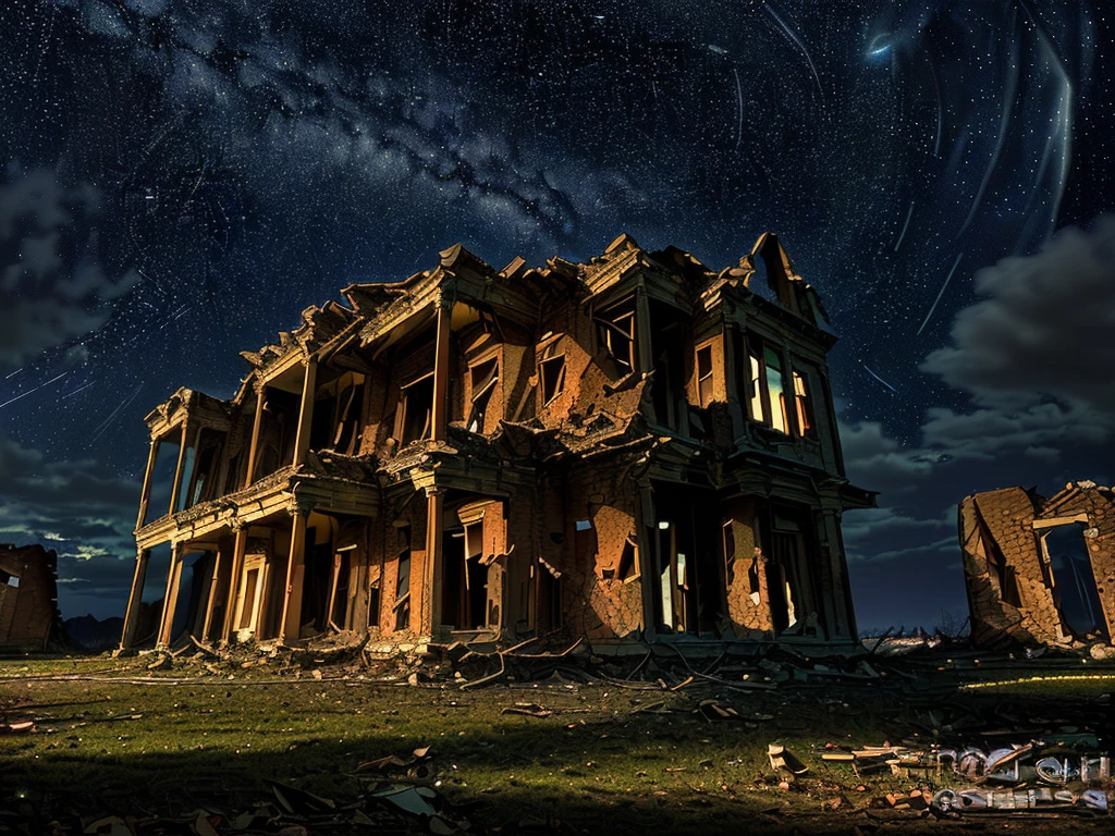 (((Masterpiece))), (high quality),(Abandoned Western-style mansion,One-storey,Darkness is spreading:1.5),(Late Night,Starry Sky:1.5),(There is no one here:1.5),(Long Shot,Photograph the entire ruins of the Western-style building:1.5)
