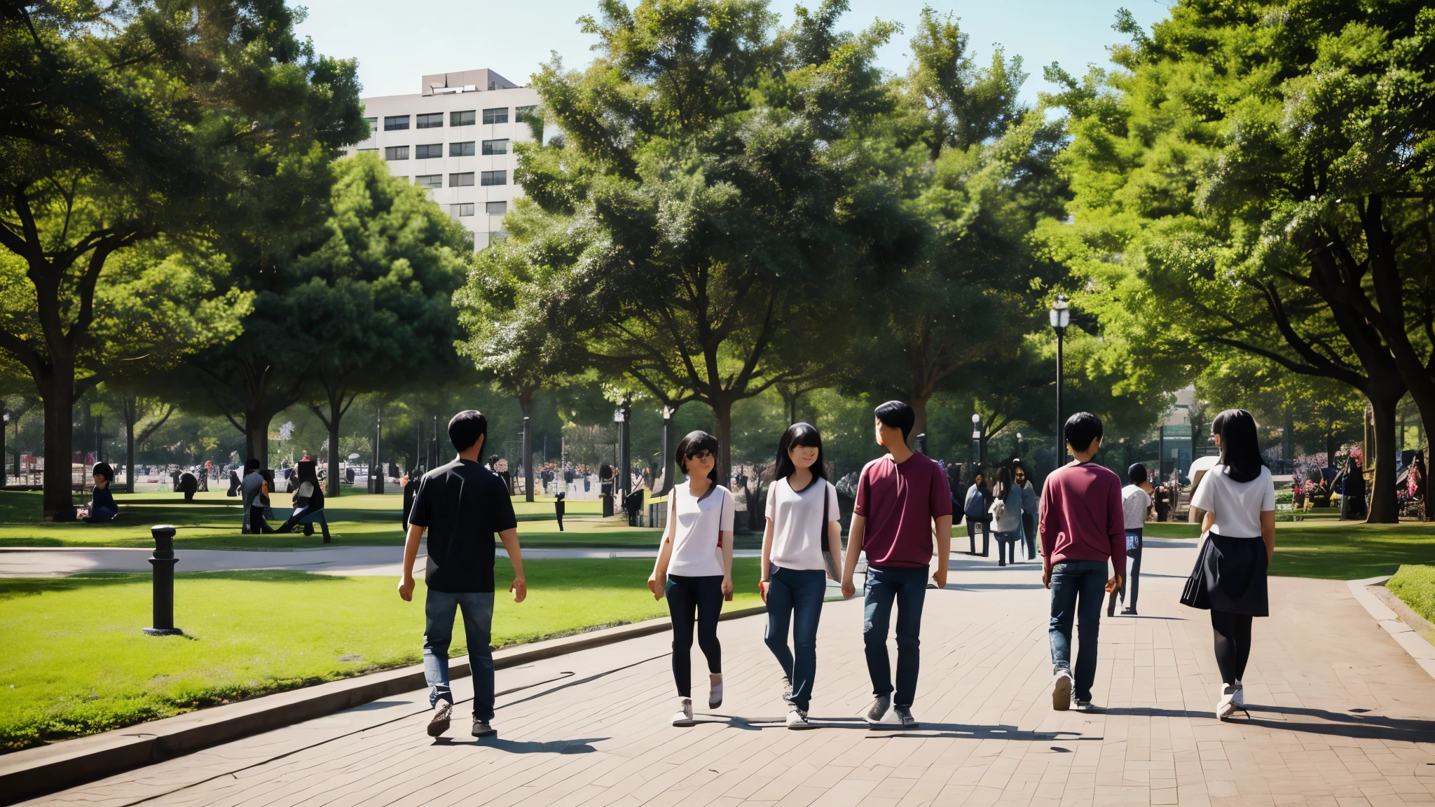 Animated graphics,Young Asian people in a park in a city in Greater Bay Area,