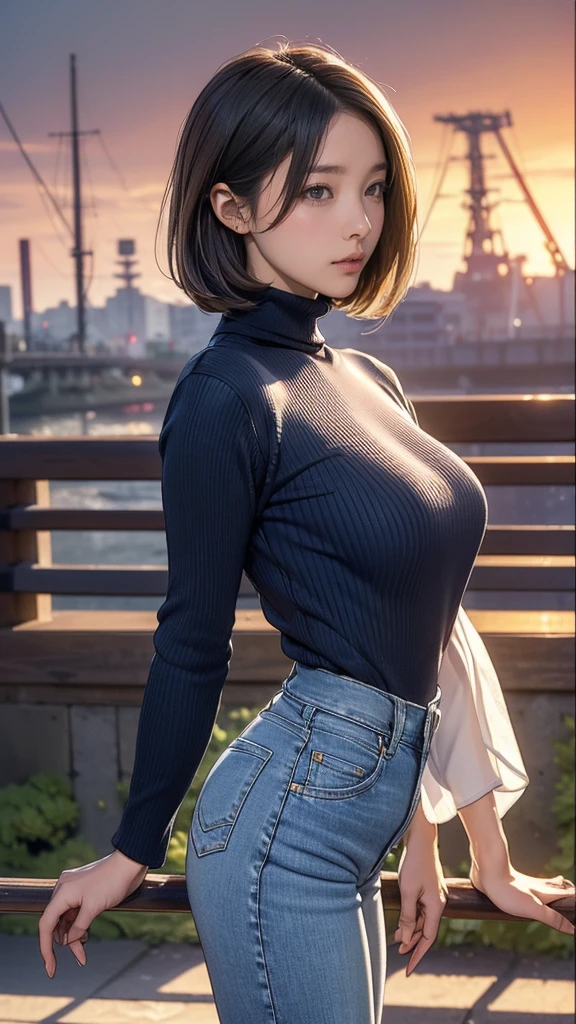 8K, original photo, best quality, masterpiece, Practical, Reality, (1 extreme beauty), middle aged, Highly detailed face, (Perfect Teeth), Delicate eyes, Double eyelids, eyelash, Grin, Lip detail, Brown Hair Bob, Large Breasts, (Navy Blue Long Turtleneck Sweater), ((jeans)), Cowboy shooting, Tokyo High School, Soft Light, ((Written border depth)) Proceed with caution,((Japanese 17 year old girl)), (((Slim, Willow Waist, Thin thighs, Thin arms))), (((side view, side view))), (((Breast sagging:1.3))),The image of the God of Wealth,A scene with gold coins flying all over the sky,