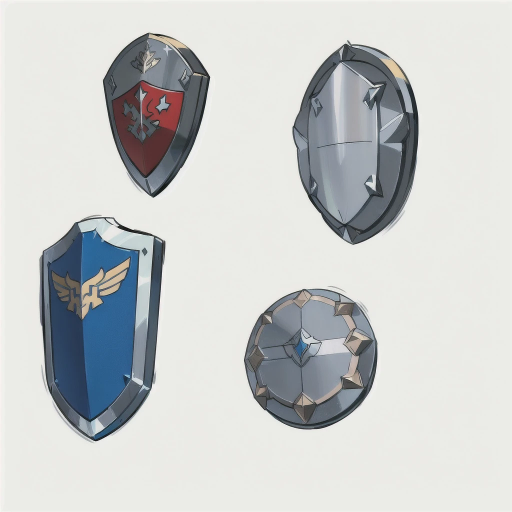 a close up of a bunch of different shields on a white background, shields, shield design, shield, fantasy shield, armor elements, shield, holding weapon and shield, riot shields, RPG Game Items, metallic shield, Game Assets, game icon asset, video Game Assets, pokemon sword and shield, 2 d Game Assets, weapons and armors