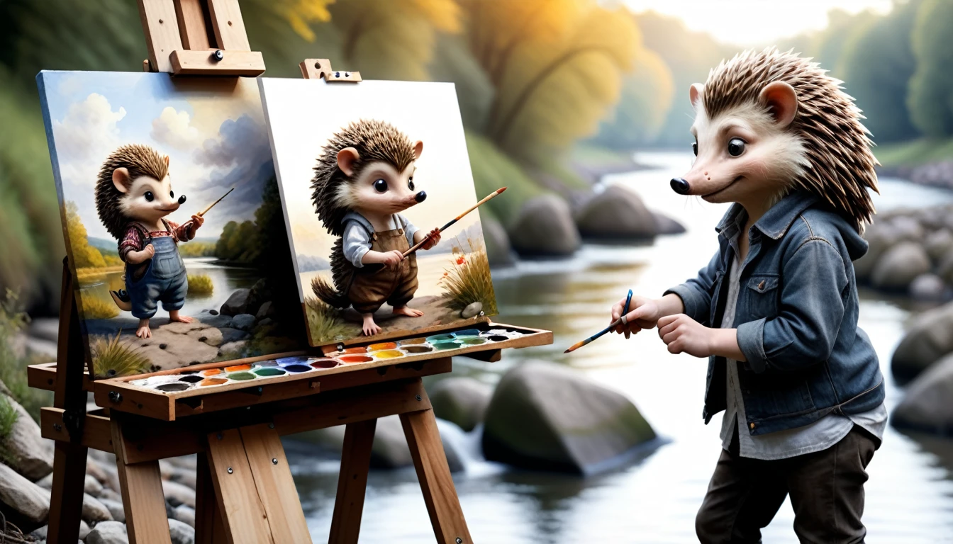 (photography style), anthropomorphic,
cute hedgehog, in casual clothing, painted by the river, setting up an easel and canvas, using paints, and focusing intently on the artwork,
2D, colorful, warm atmosphere, glossy, Jean-Baptiste Monge style, Alan Lee style