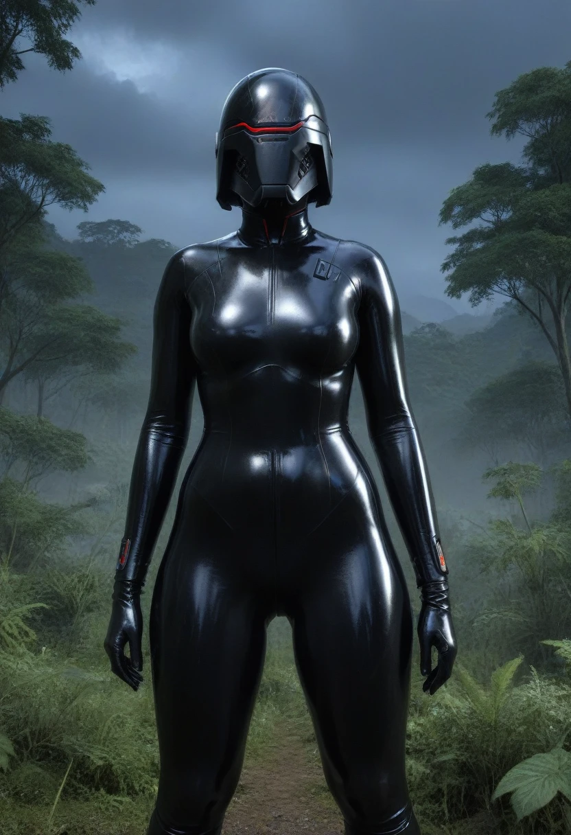 zPDXL, source_anime, BREAK Trilla, ((helmet with red translucent visor)), , armor,black gloves,tight bodysuit,,black pants, BREAK close-up, solo, standing, front view, medium breasts, , wide hips, BREAK x3dce, 3d, jungle background, dense vegetation, rain, night, night sky,
Latex