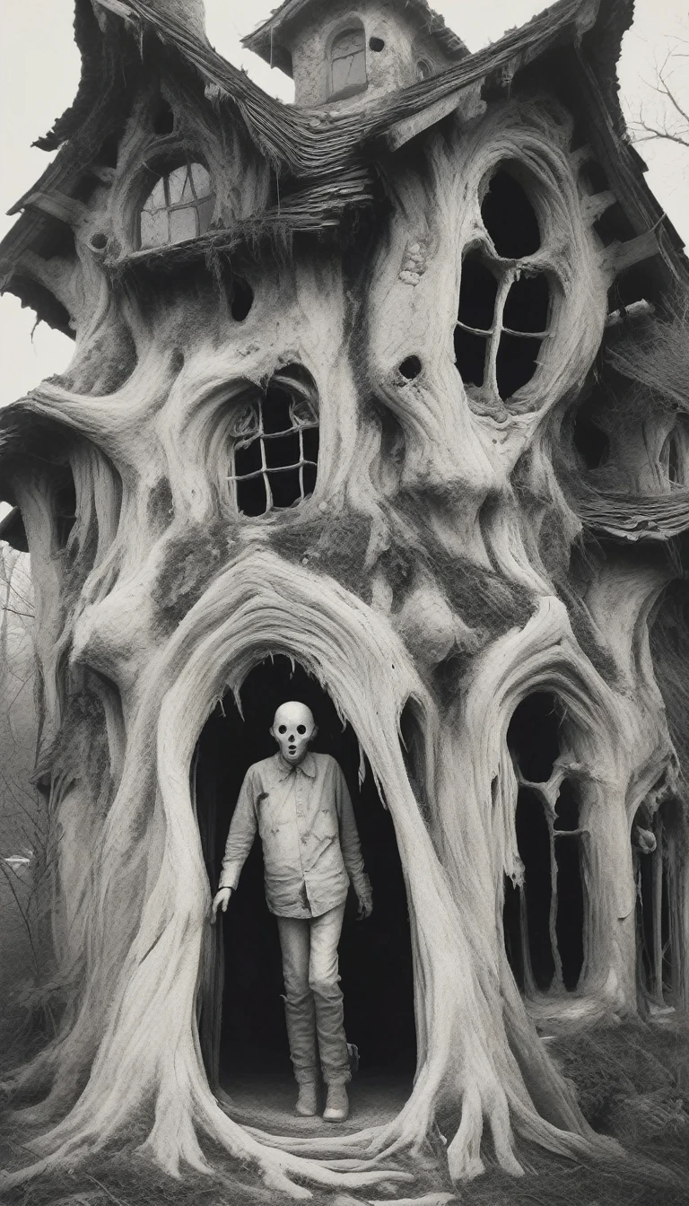 Full body white,Tall,Horror,Black eyes,Looking at this,bigger than a house,fear