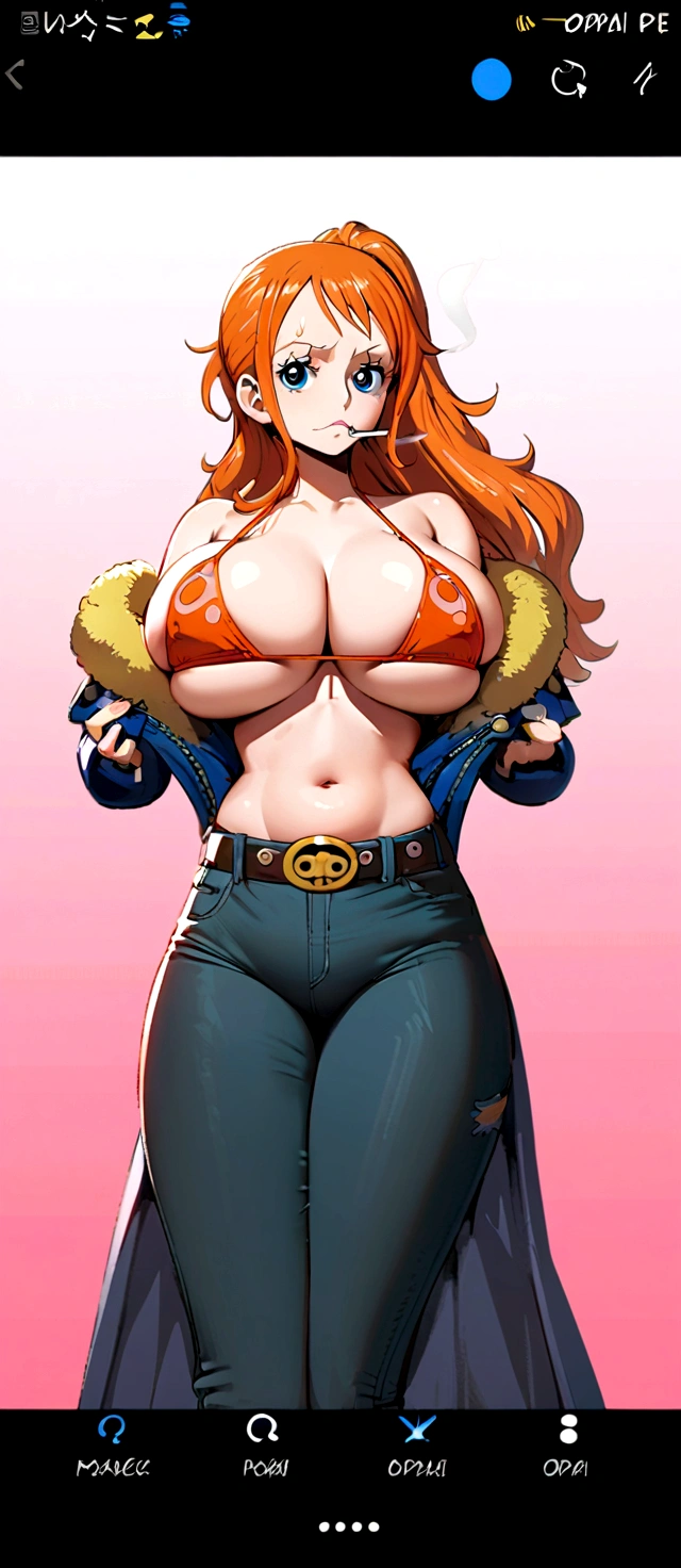 a cartoon picture of a woman in a bikini top and jeans, nami one piece, nami from one piece, nami, beautiful portrait of nami, from one piece, oppai, blue eyes, smoking, ponytail, nsfw