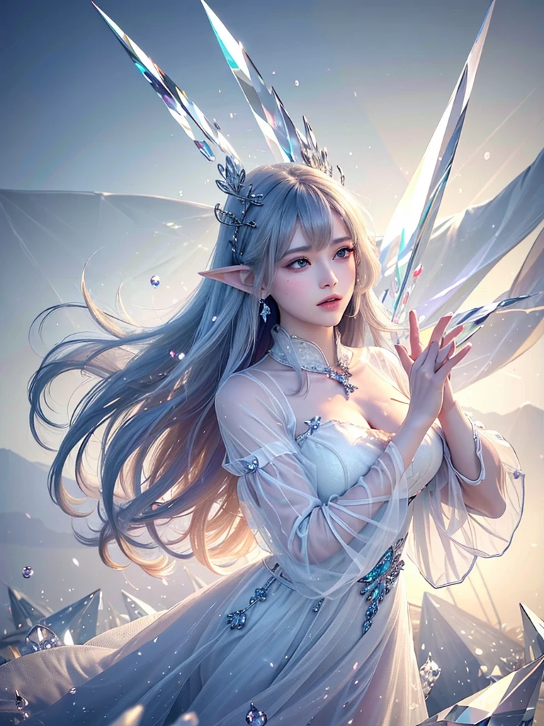(Masterpiece, Top Quality, Best, Official Art, Beautiful and Aesthetic, Long Exposure: 1.2), Smooth Movement, Charming Patterns, 1 Girl, (Long Dress with Sleeves: 1.3), (((White Clothes) )), upper body close-up, bare shoulders, Chinese girl, blush, black lob hair, portrait, solo, upper body, looking at the observer, detailed background, detailed face, (crystallineAI, crystalline theme:1.1), elemental wind elves, rotation Wind, control the wind, white crystal clothing, dynamic pose, floating particles, ethereal dynamics, whirlwind, vapor, whirlwind in the background, white tone, whirlwind, ethereal atmosphere,