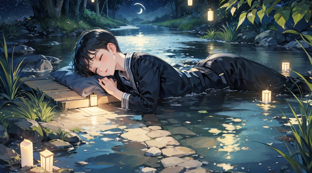 small river in night with moon and a lot of stars, ??? sleeping