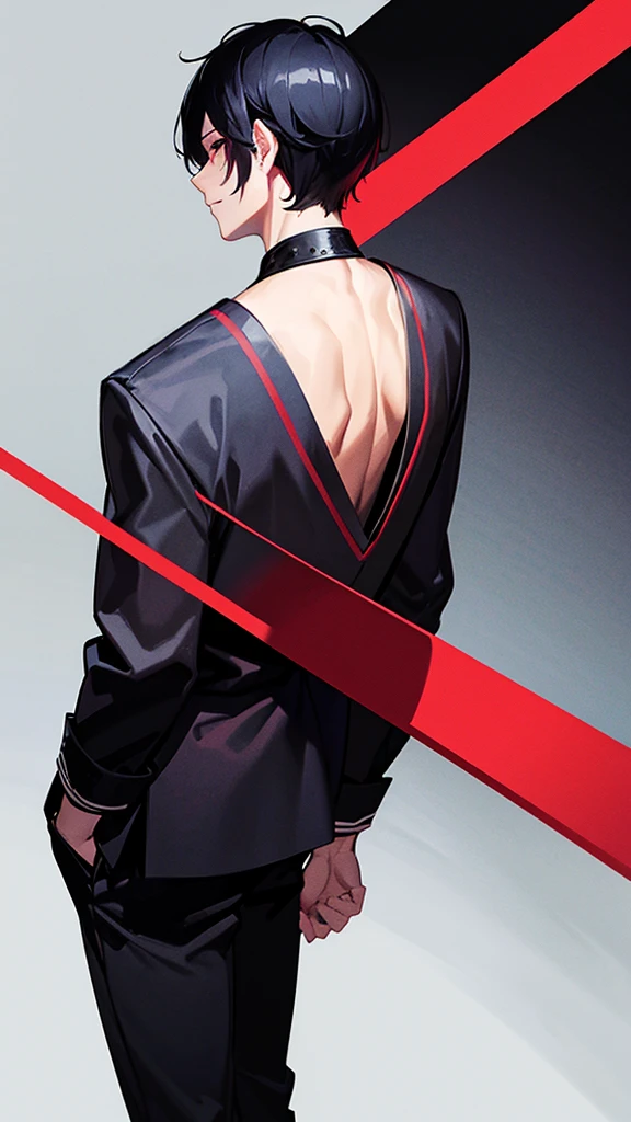 A man with a medium-parted, black hair, wearing a red hairstyle, stands with his back looking cool.