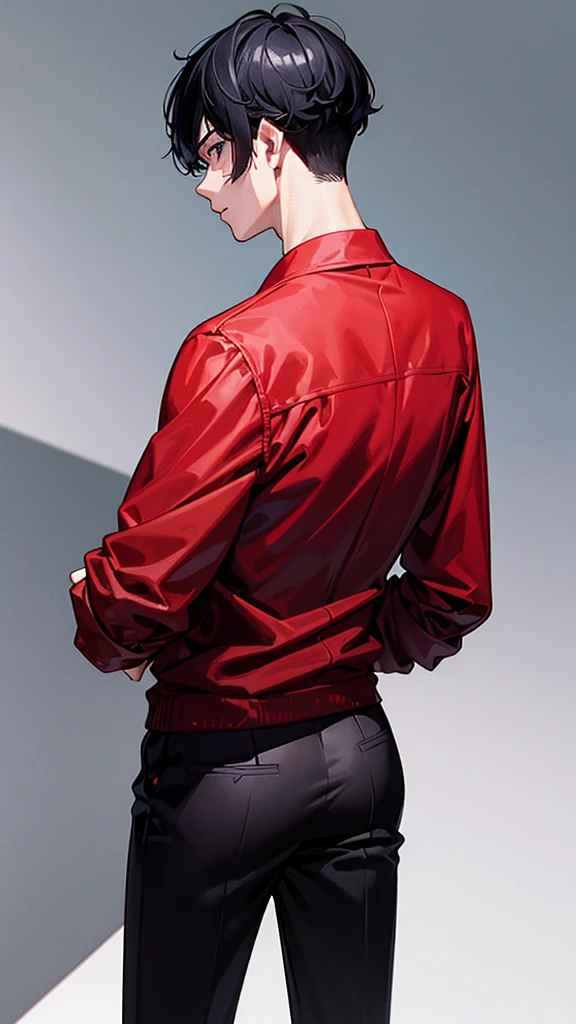 A man with a medium-parted, black hair, wearing a red hairstyle, stands with his back looking cool.