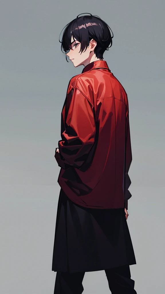 A man with a medium-parted, black hair, wearing a red hairstyle, stands with his back looking cool.