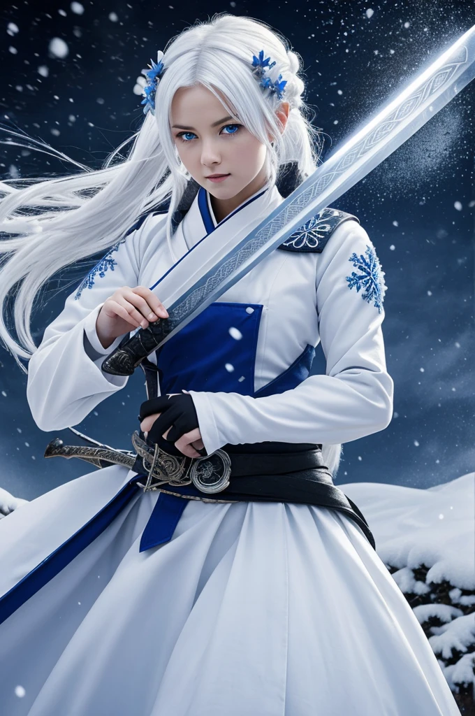 Ultra detailed, highres, absurd, Yùkî Gigaragira, white hair, Cold expressive blue eyes, white haori with patters of snowflakes, black demon slayer uniform, Kimetsu No Yaiba, fantasy, petals, white and blue flowers, beautiful, sexy young lady grabbing a sword, solo, magic, shining snowflakes, blue moon, best quality, extremely detailed face and eyes, snow, grabbing a sword