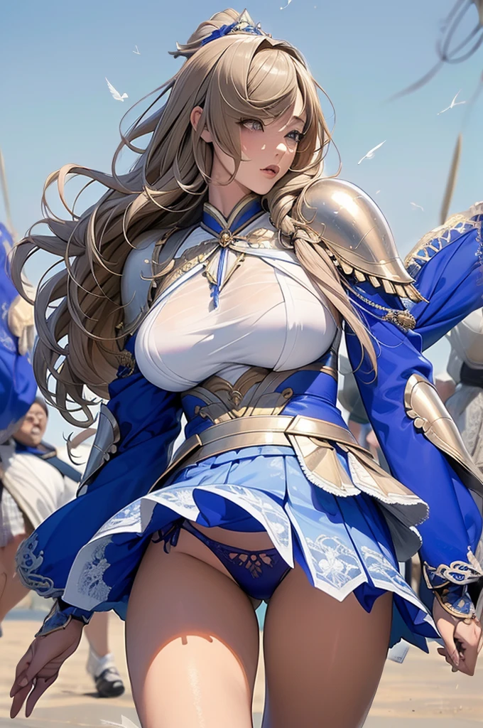 Very beautiful woman、Slender women、(Detailed face)、Realistic Skin、((Holy Knight)), ((Platinum Armor))、((((Extremely detailed and intricately decorated armor:1.1))))、((Delicate photo)),(Girl Astepeace RAW Photo Details:1.25), (Highest quality:1.6), (Ultra-high resolution:1.5), (Realistic:1.75), 8K resolution, Canon EOS R5, 50mm, Absurd, Very detailed,Cinema Lighting,((Fightfield))、((Fight))、(((White Embellished Micro Skirt)))、Thigh-high socks、Shingard、((blonde))、((Curly Hair))、((Drill Hair))、((Wavy long hair,))、Cape、Beautiful Armor、(((Has a huge weapon)))、(In combat)、The wind is blowing、((Symmetrical armor))、((((Blizzard))))、(((Lead a large group of knights:1.2)))、banner、(((Battle Scenes)))、((Browsing Caution:1.2))、((Her blue lace high leg micro panties are visible:1.5)))、((Skirt lift fluttering in the wind:1.4))