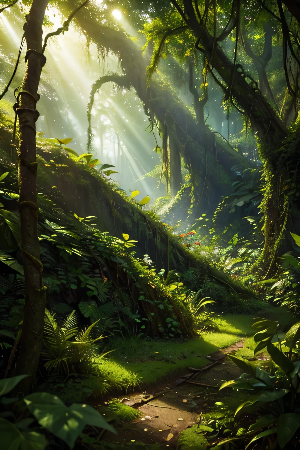 a beautiful chaotic verdant forest, a lush overgrown jungle, dense foliage, twisted vines, tangled undergrowth, vibrant colors, sunlight filtering through the leaves, magical realism, dramatic lighting, fantasy landscape, highly detailed, cinematic composition, photorealistic, 8k, masterpiece