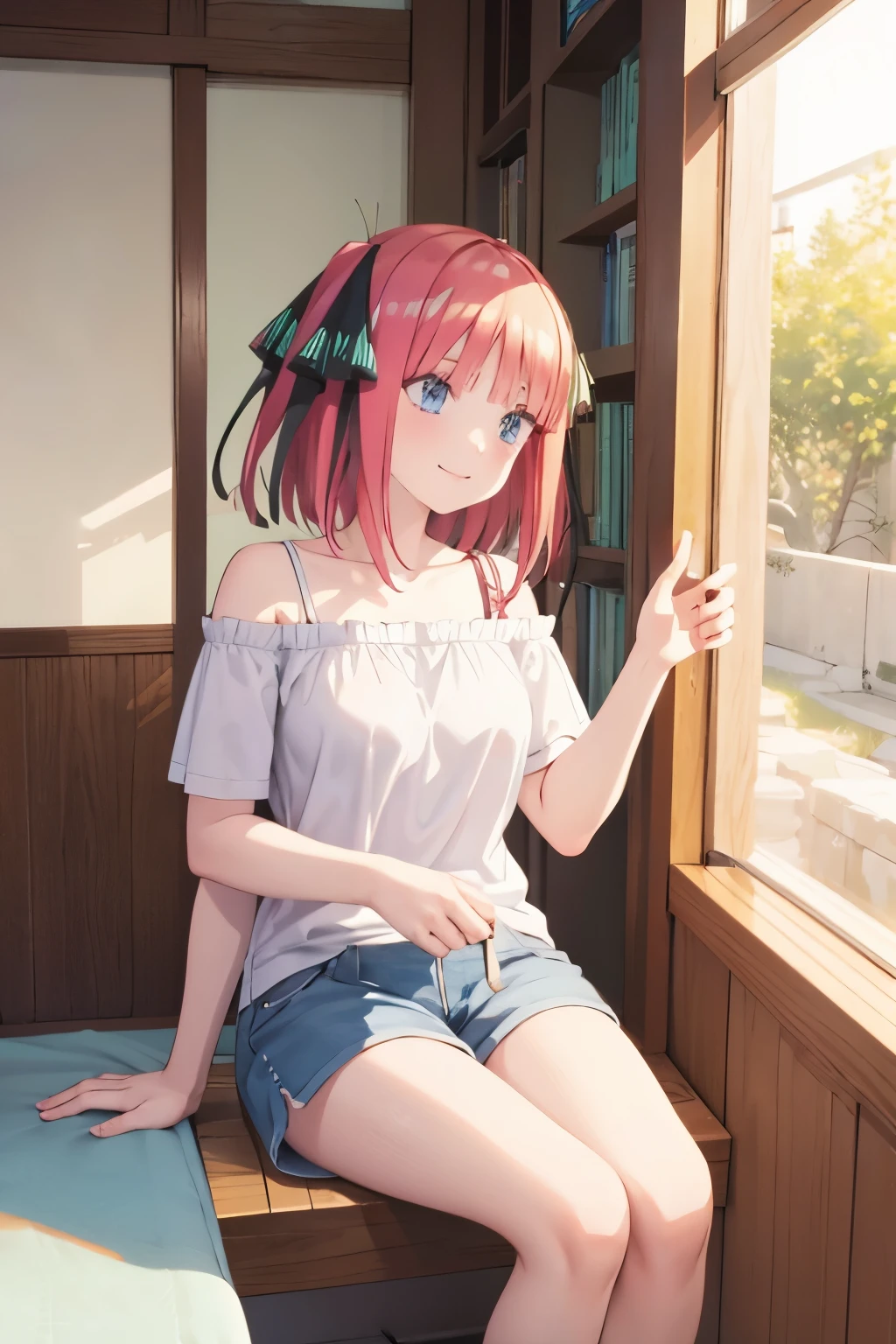 Best masterpiece, anime coloring, ultra-detail, 8k、((Sitting on the open corridor))、summer, morning, sun、White off-shoulder jeans with shorts、from below、looking down、smile