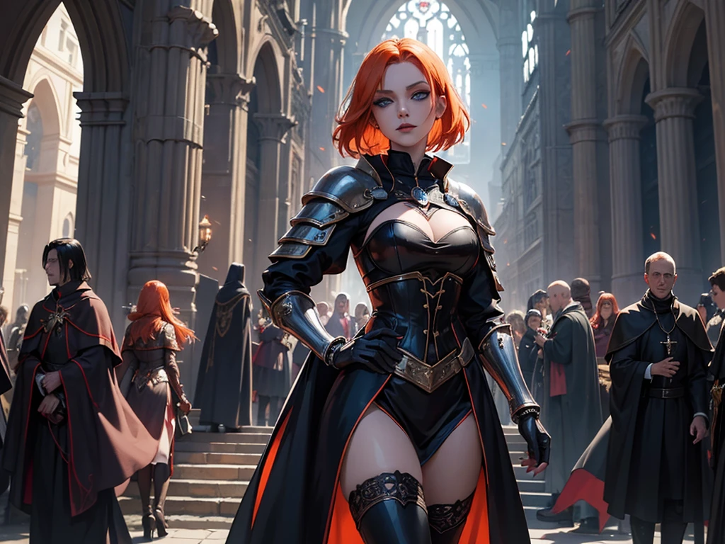 A beautiful and wonderful vampire woman, extremely detailed, short orange hair, wearing extremely detailed gothic armor, blue eyes in medieval public square, palace, crepúsculo, 8k, linda, sacerdotisa, crepúsculo, entardecer, vampira, gothic armor.