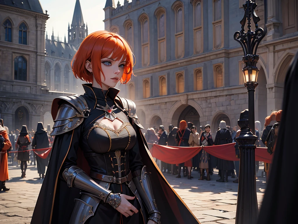 A beautiful and wonderful vampire woman, extremely detailed, short orange hair, wearing extremely detailed gothic armor, blue eyes in medieval public square, palace, crepúsculo, 8k, linda, sacerdotisa, crepúsculo, entardecer, vampira, gothic armor.