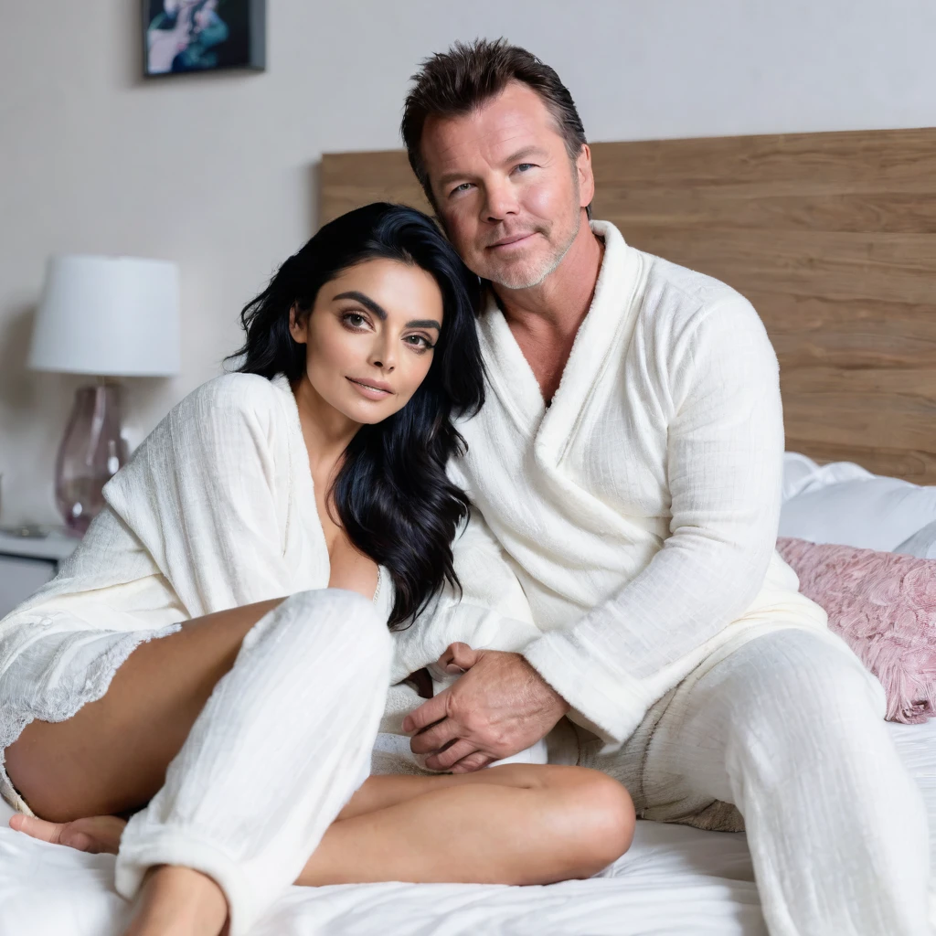 Ayslinn Derbez is 25 years old and Lothar matthäus is 35 years old, she have long hair, they are sleeping, they are wearing pijamas, romantic, they are in bedroom, night