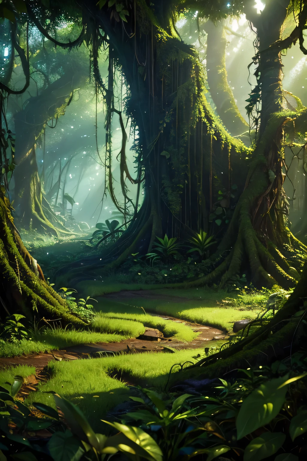 a beautiful chaotic verdant forest, a lush overgrown jungle, dense foliage, twisted vines, tangled undergrowth, vibrant colors, sunlight filtering through the leaves, magical realism, dramatic lighting, fantasy landscape, highly detailed, cinematic composition, photorealistic, 8k, masterpiece