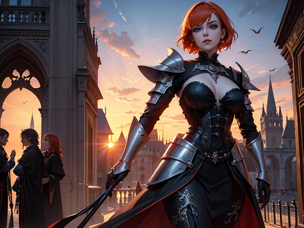 A beautiful and wonderful vampire woman, extremely detailed, short orange hair, wearing extremely detailed gothic armor, blue eyes in medieval public square, palace, crepúsculo, 8k, linda, sacerdotisa, crepúsculo, entardecer, vampira, gothic armor.