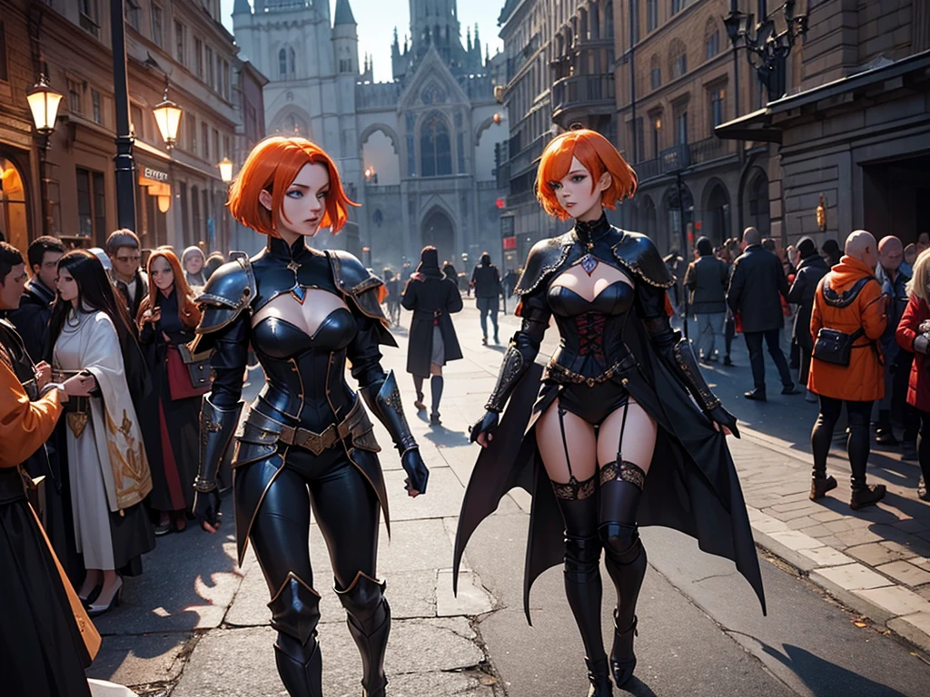 A beautiful and wonderful vampire woman, extremely detailed, short orange hair, wearing extremely detailed gothic armor, blue eyes in medieval public square, palace, crepúsculo, 8k, linda, sacerdotisa, crepúsculo, entardecer, vampira, gothic armor.
