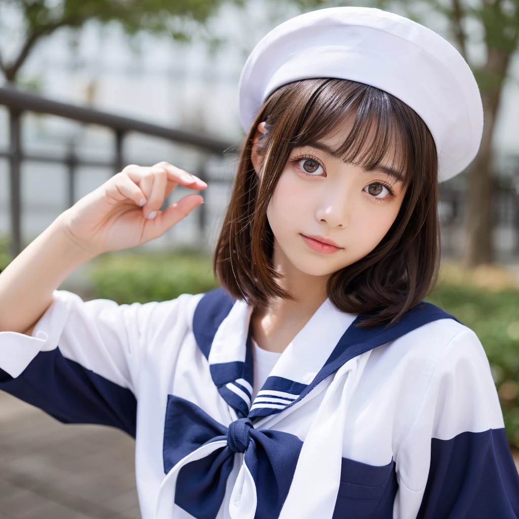 nsfw, navy blue sailor uniform, shoulder length hair, double eyelids, Japanese, no makeup, large eyes, round face, no makeup