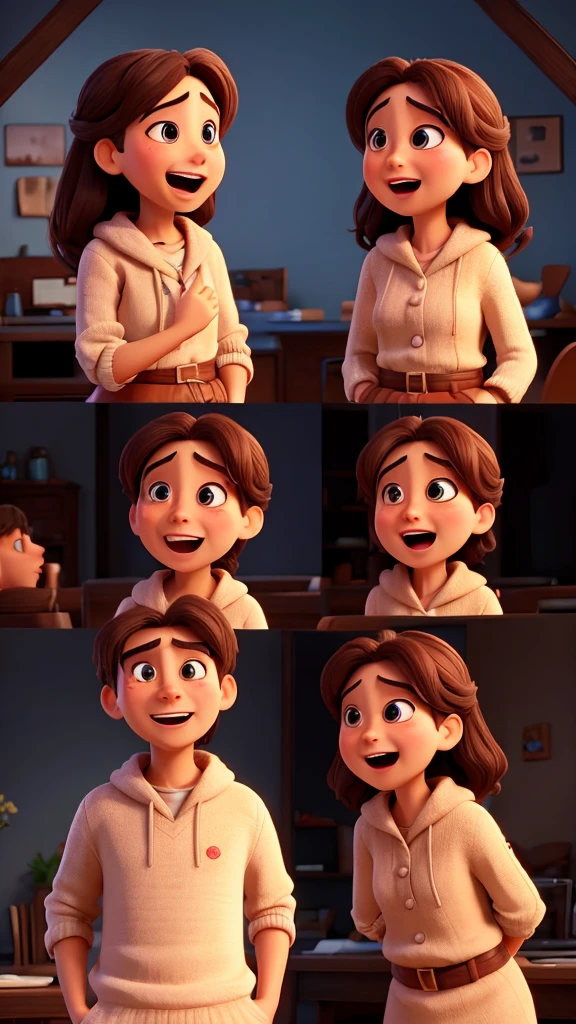 with exaggerated expressions to convey their conversation