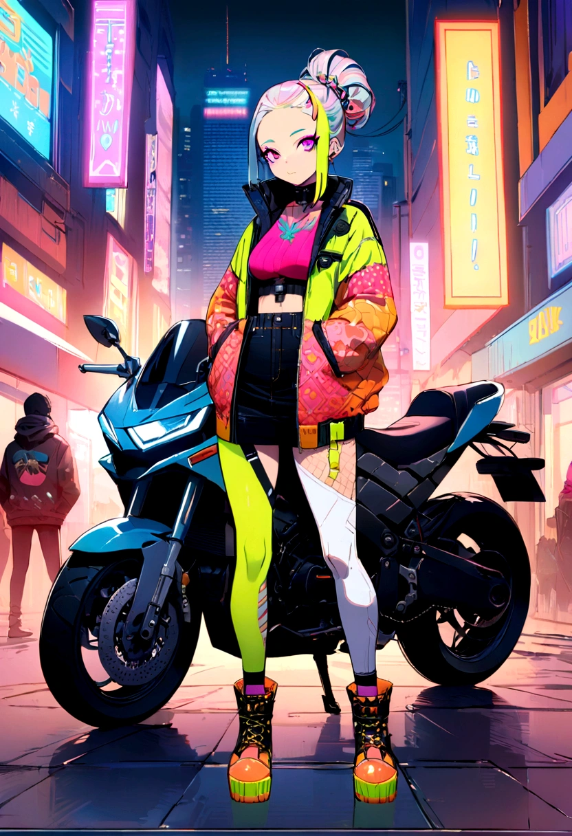 masterpiece, Best quality, Confident cyberpunk girl, full body shot, ((standing in front of a motorcycle)), Pop outfit in Harajuku style, bold colors and patterns, attractive accessories, fashionable and innovative hairstyle, bright makeup, Cyberpunk, dazzling cityscape, skyscrapers, neon signs, LED lights, bright and vibrant color scheme, Anime, illustration, Detailed leather texture, detailed fabric texture, beautiful detailed face, complex parts, ultra detailed.