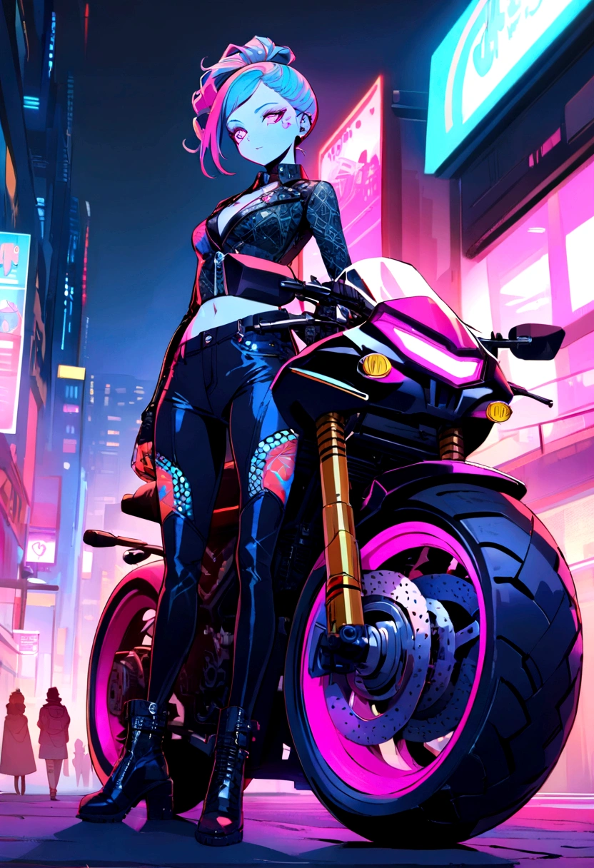 masterpiece, Best quality, Confident cyberpunk girl, full body shot, ((standing in front of a motorcycle)), Pop outfit in Harajuku style, bold colors and patterns, attractive accessories, fashionable and innovative hairstyle, bright makeup, Cyberpunk, dazzling cityscape, skyscrapers, neon signs, LED lights, bright and vibrant color scheme, Anime, illustration, Detailed leather texture, detailed fabric texture, beautiful detailed face, complex parts, ultra detailed.