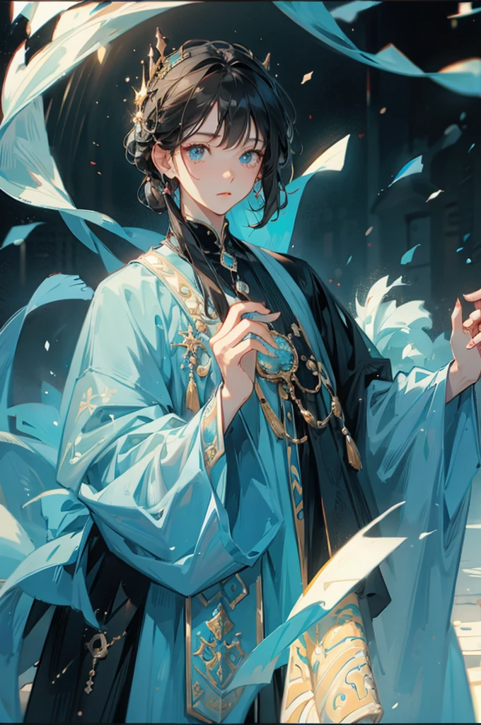 A boy wearing a , black hair with bangs and blue eyes and very handsome