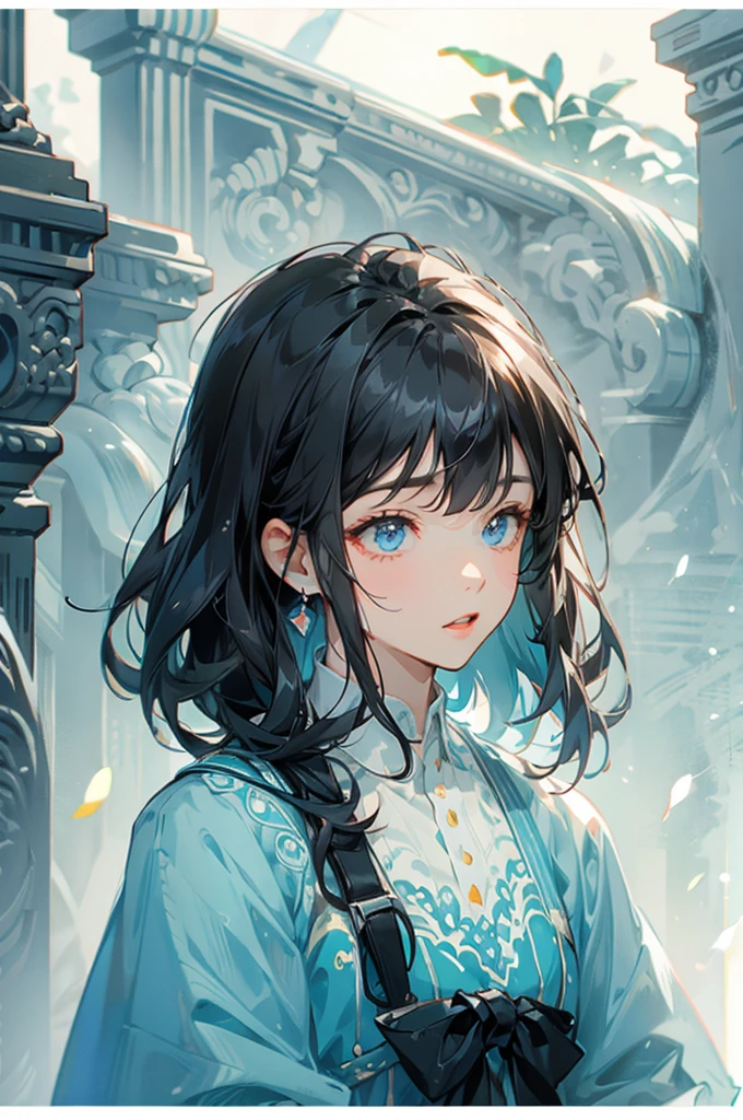 A boy wearing a , black hair with bangs and blue eyes and very handsome
