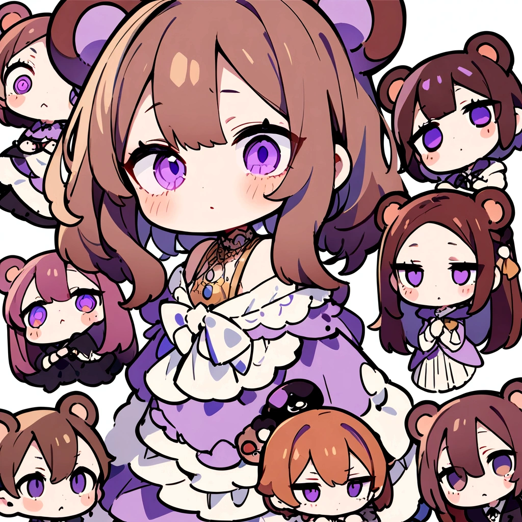 An illustrationアイコン、Brown Hair、Wearing a bear hood、Wearing a bear ear hoodie、Chibi Character、Confused eyes、Brown Hairロングヘアー、(masterpiece, best quality:1.2), An illustration、Purple Eyes、茶色のロングヘアーChibi Character