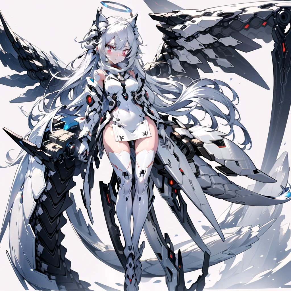 masterpiece, highest quality, highest resolution, clear_image, detailed details, White hair, long hair, cat ears, 1 girl, red eyes, sci-fi dress, white scarf (white scarf around the neck with a light blue glow), gray futuristic halo (gray halo over the head), white wings (6 wings), cute, full body, no water marks, snow, normal ears